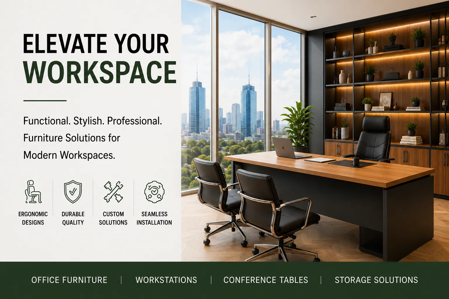 Premium office furniture setup with executive desk, ergonomic chairs, storage shelves, and modern workspace design