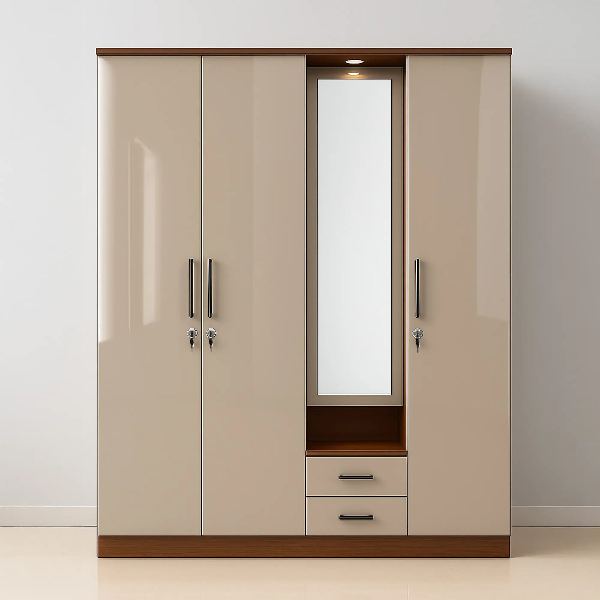 ChampagneLuxe 4 Door Wardrobe | Beige Mirror Almirah