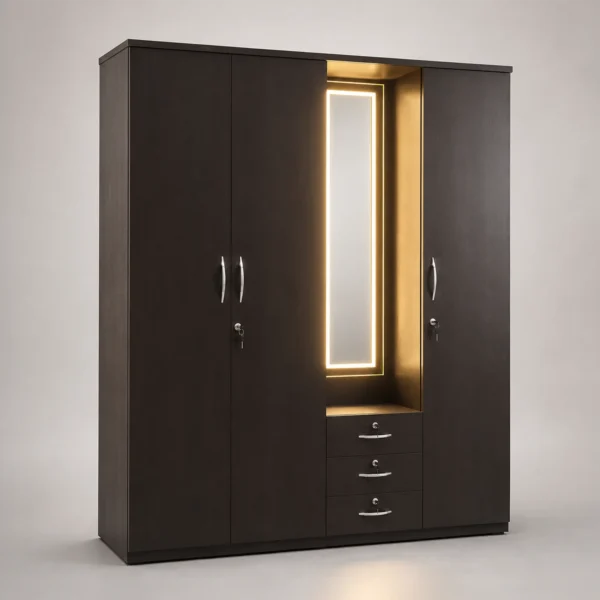 GlowNoir 4 Door Wardrobe with LED Mirror | Sai FurnTech
