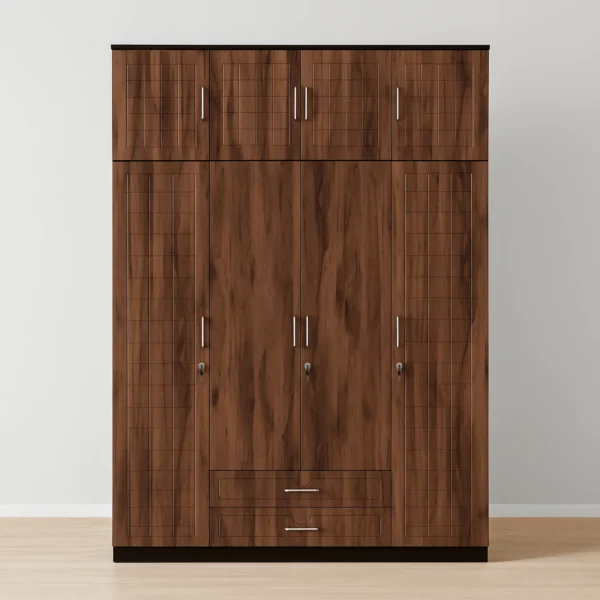 GridLuxe 4 Door Wardrobe | Walnut Almirah