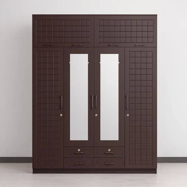 GridMirror Brown 4 Door Wardrobe | Sai FurnTech