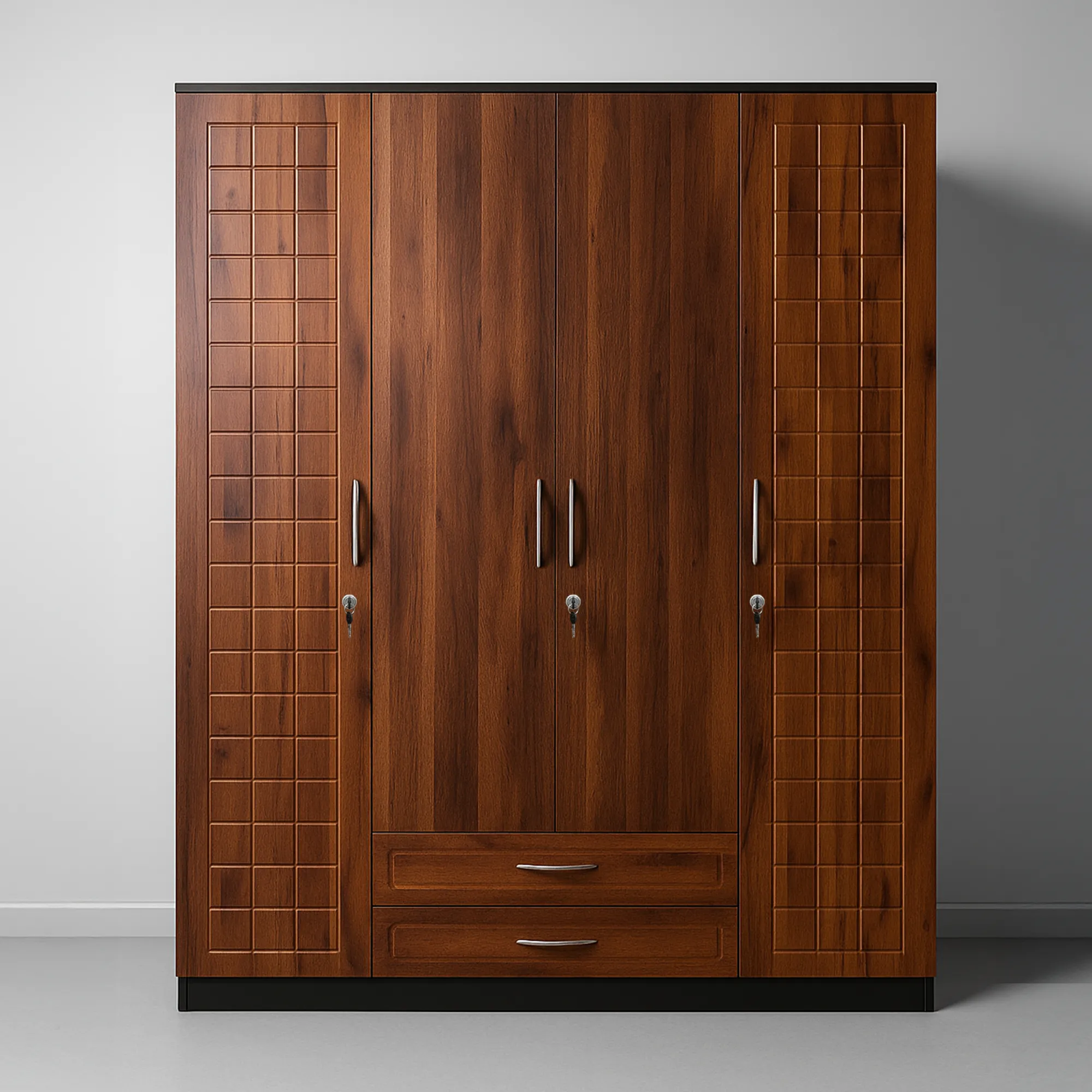 GridWalnut 4 Door Wardrobe with Drawers | Sai FurnTech
