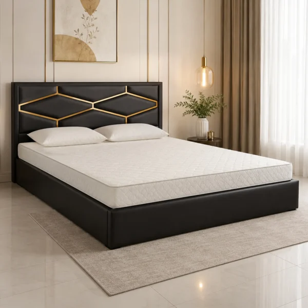 HexaGold Black King Bed with Geometric Headboard | Sai FurnTech