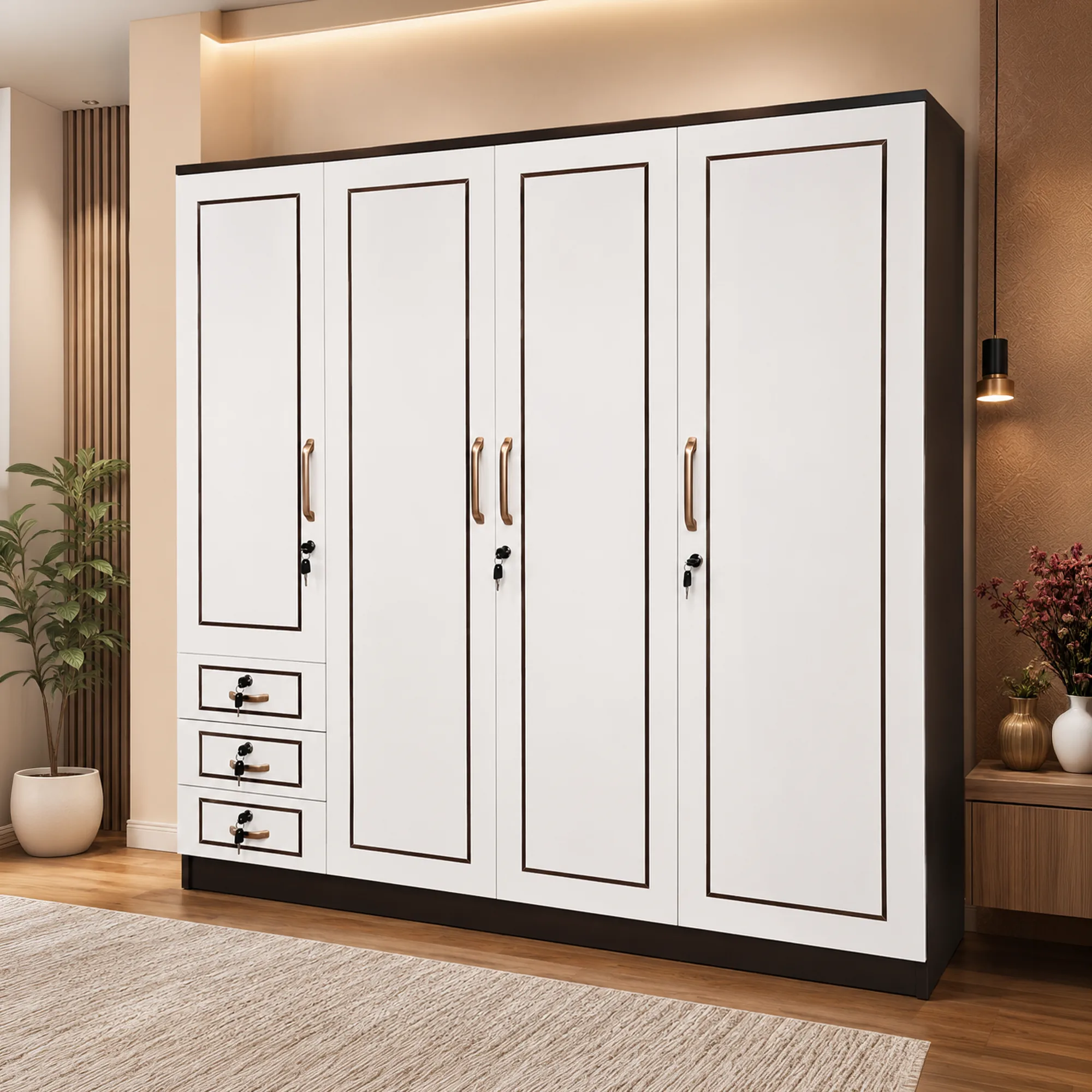 IvoryCharm 4 Door Wardrobe with Drawers | Sai FurnTech
