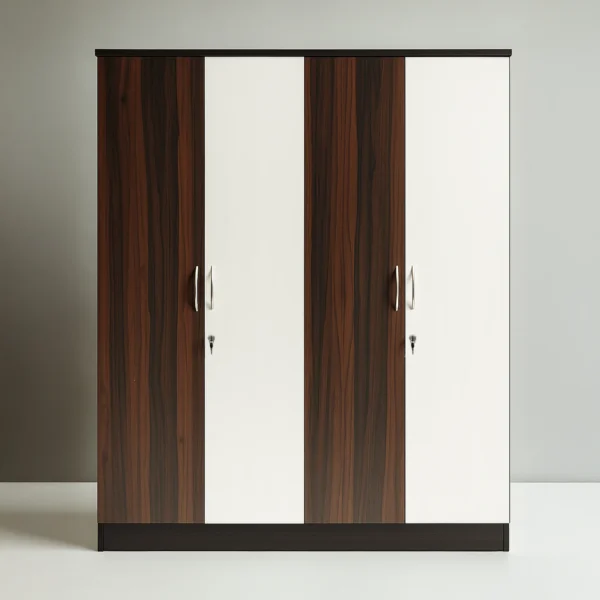 IvoryStripe 4 Door Wardrobe | Walnut & White Almirah