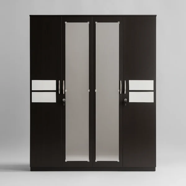 MirrorEdge 4 Door Wardrobe | Dark Walnut Mirror Almirah