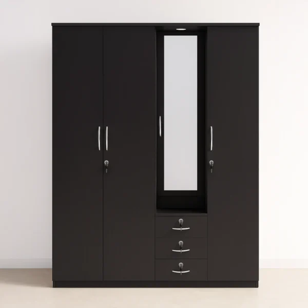 NoirVista 4 Door Wardrobe | Dark Walnut Mirror Almirah