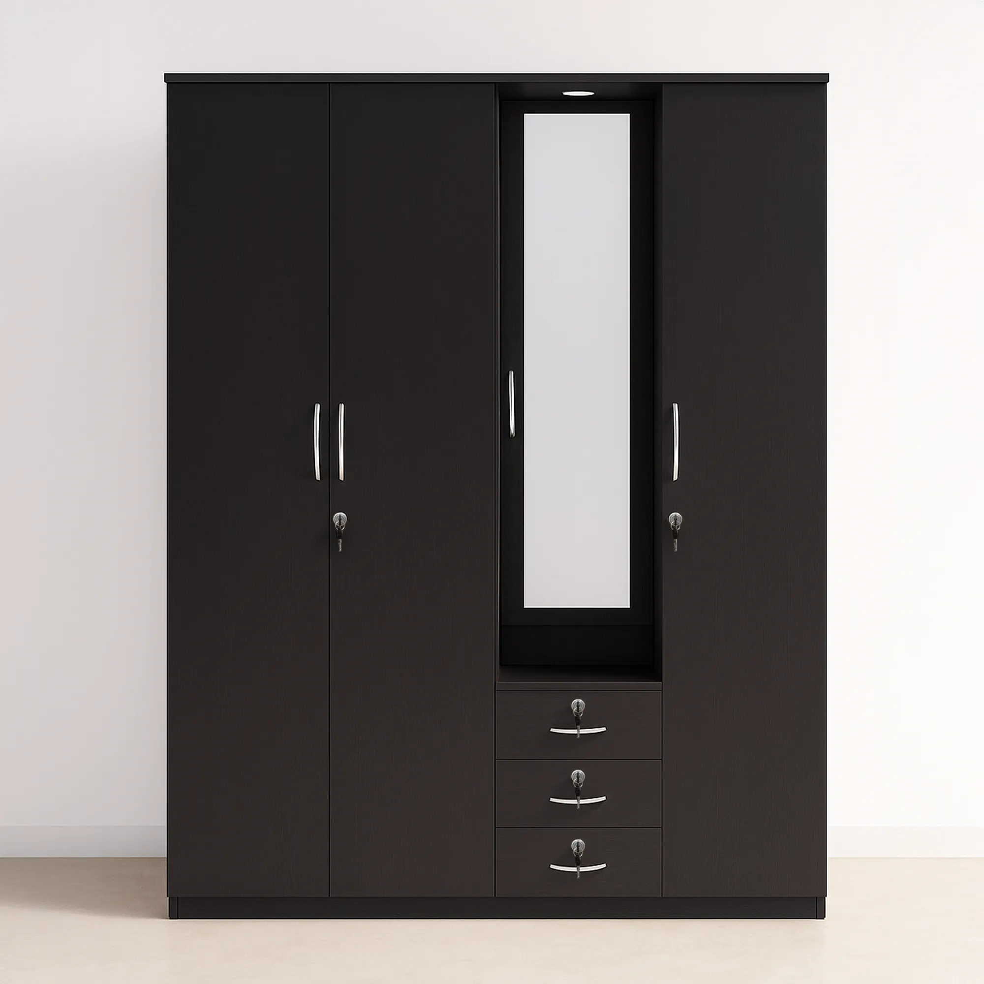 NoirVista 4 Door Wardrobe | Dark Walnut Mirror Almirah