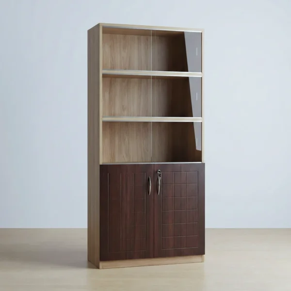 OakVista Bookshelf | Light Oak Sliding Glass Display Cabinet
