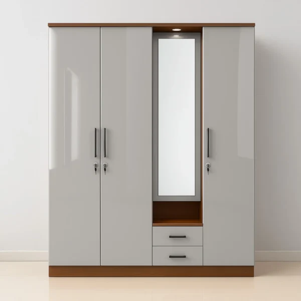 PearlGlow 4 Door Wardrobe | Grey Mirror Almirah