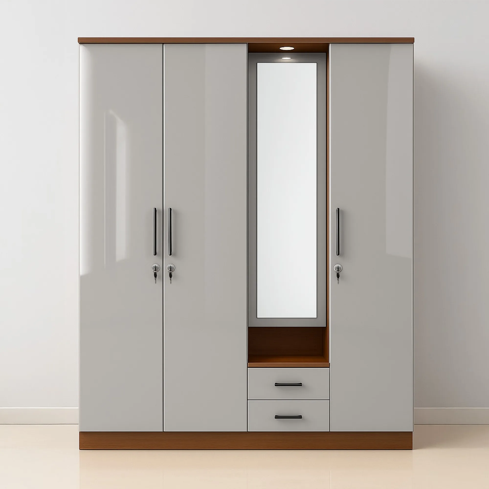 PearlGlow 4 Door Wardrobe | Grey Mirror Almirah