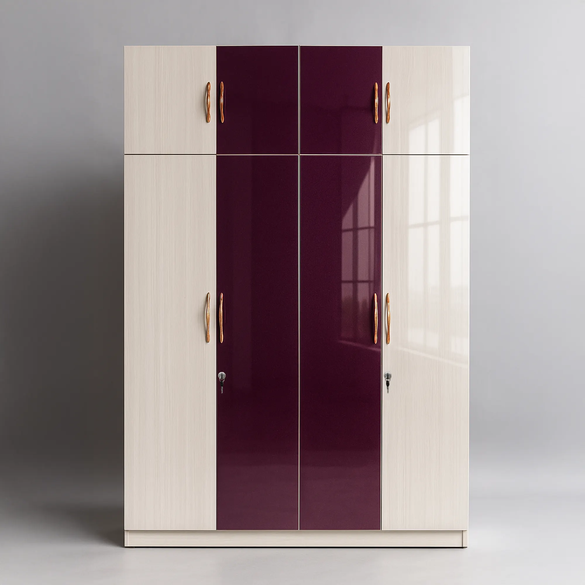 PlumAura 4 Door Wardrobe | Ivory & Plum Gloss Almirah