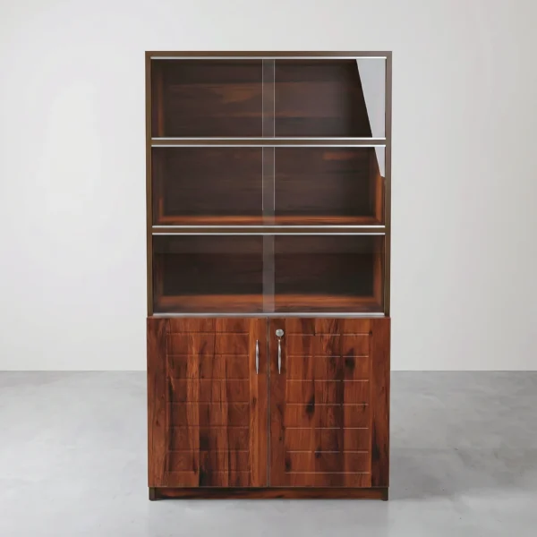 TriGlide Bookshelf | Walnut Sliding Glass Display Cabinet