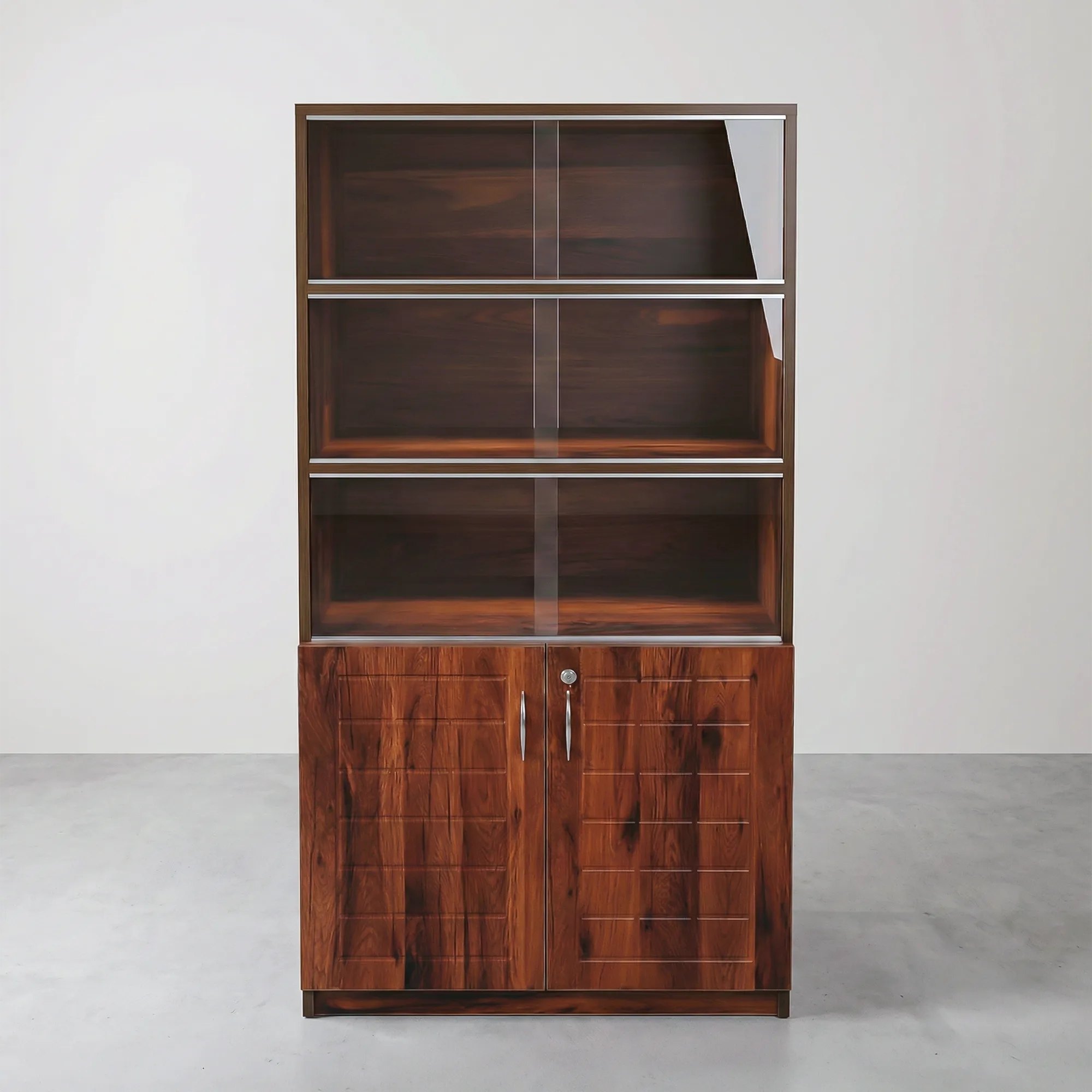 TriGlide Bookshelf | Walnut Sliding Glass Display Cabinet