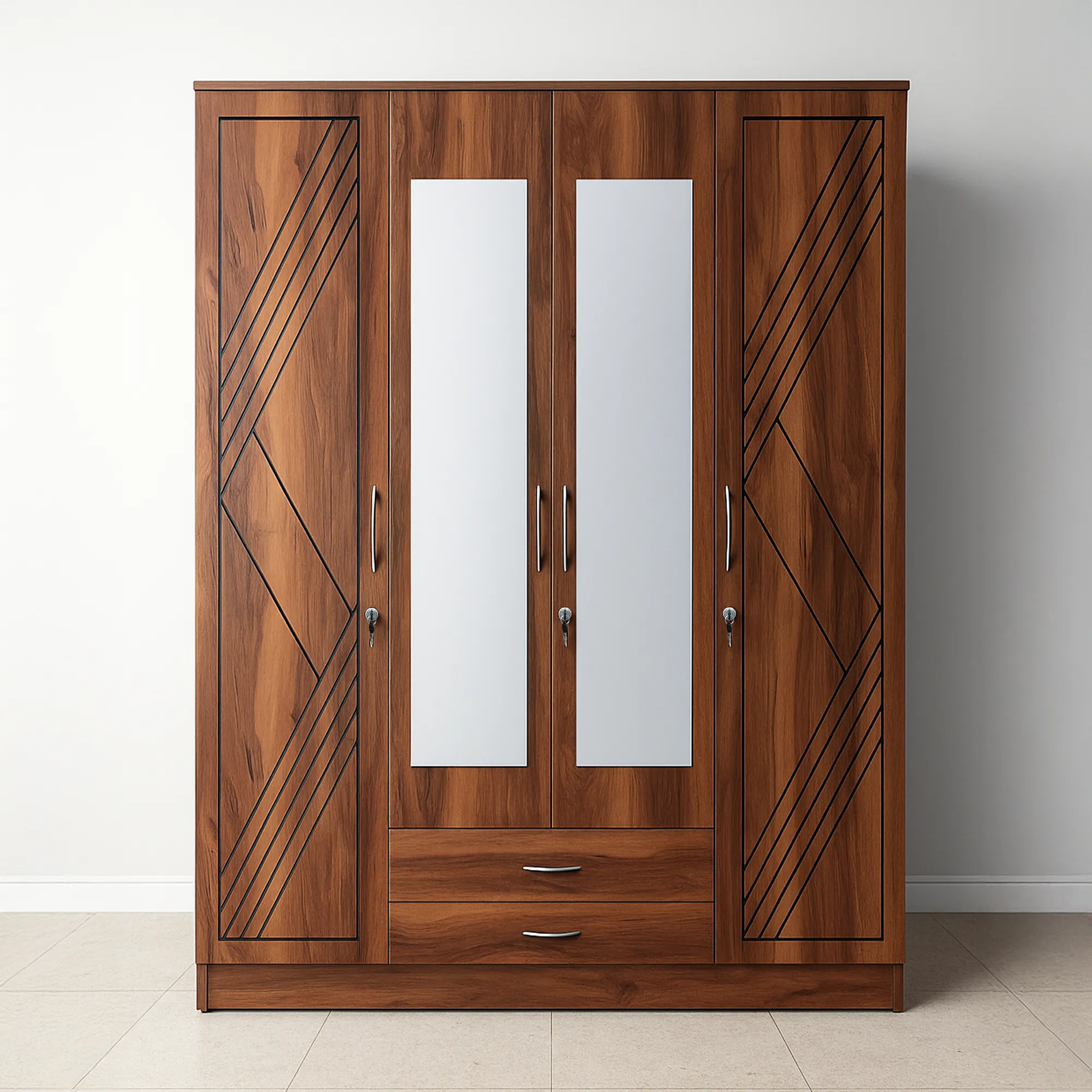 VestraLine 4 Door Wardrobe | Walnut Mirror Almirah